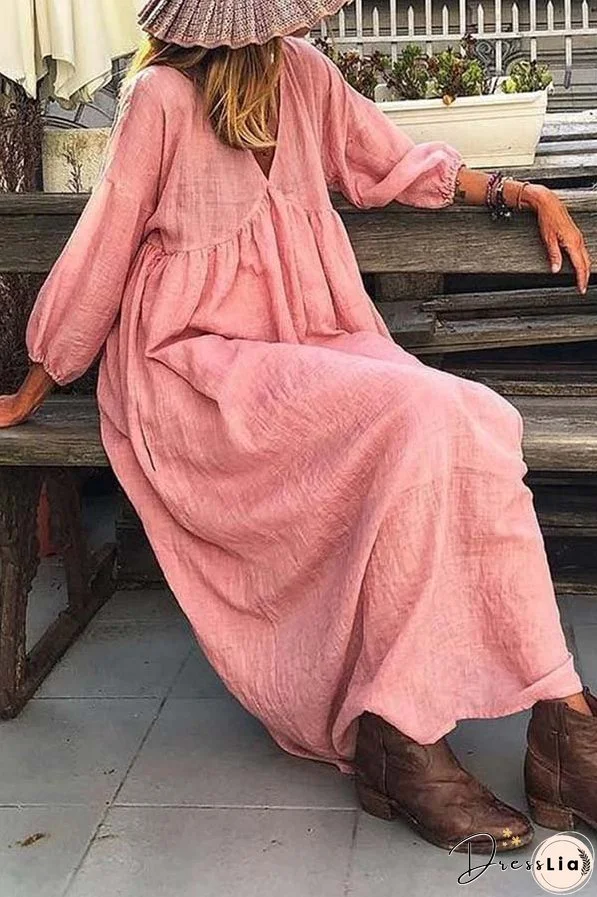 Fashionable V-neck loose casual dress solid color vacation style cotton and linen dress