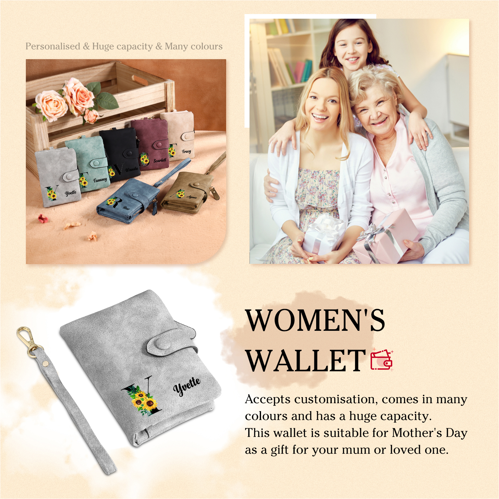 Portafoglio in PU pelle girasole con 1 letetra & 1 testo & 1 nome & 1 foto personalizzati per mamma/nonna