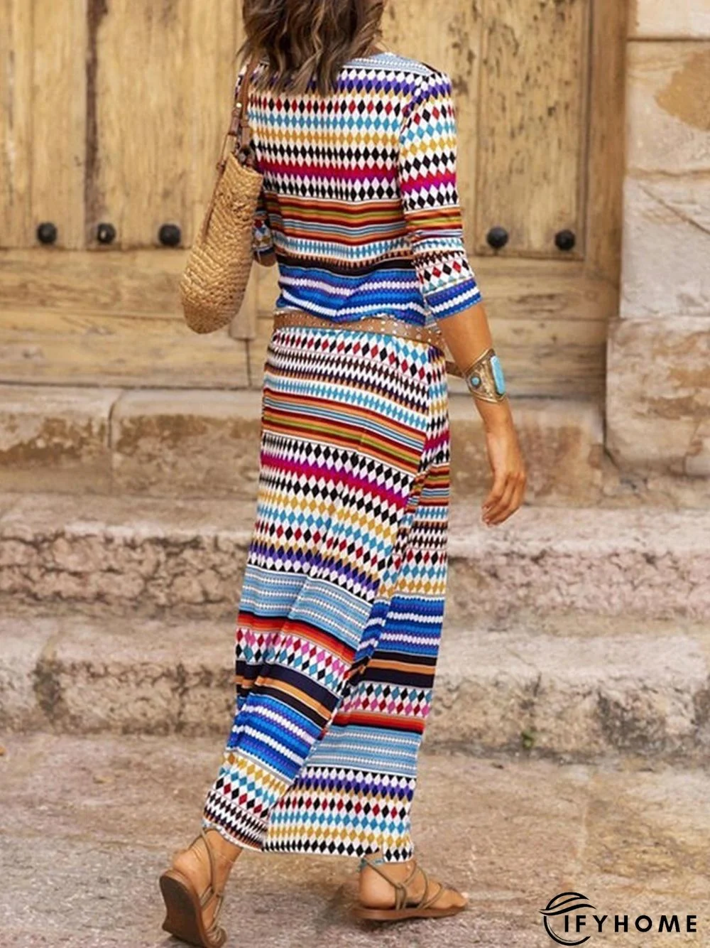 Vintage Geometric Printed Crew Neck Color-Block Long Sleeve Casual Knitting Dress | IFYHOME