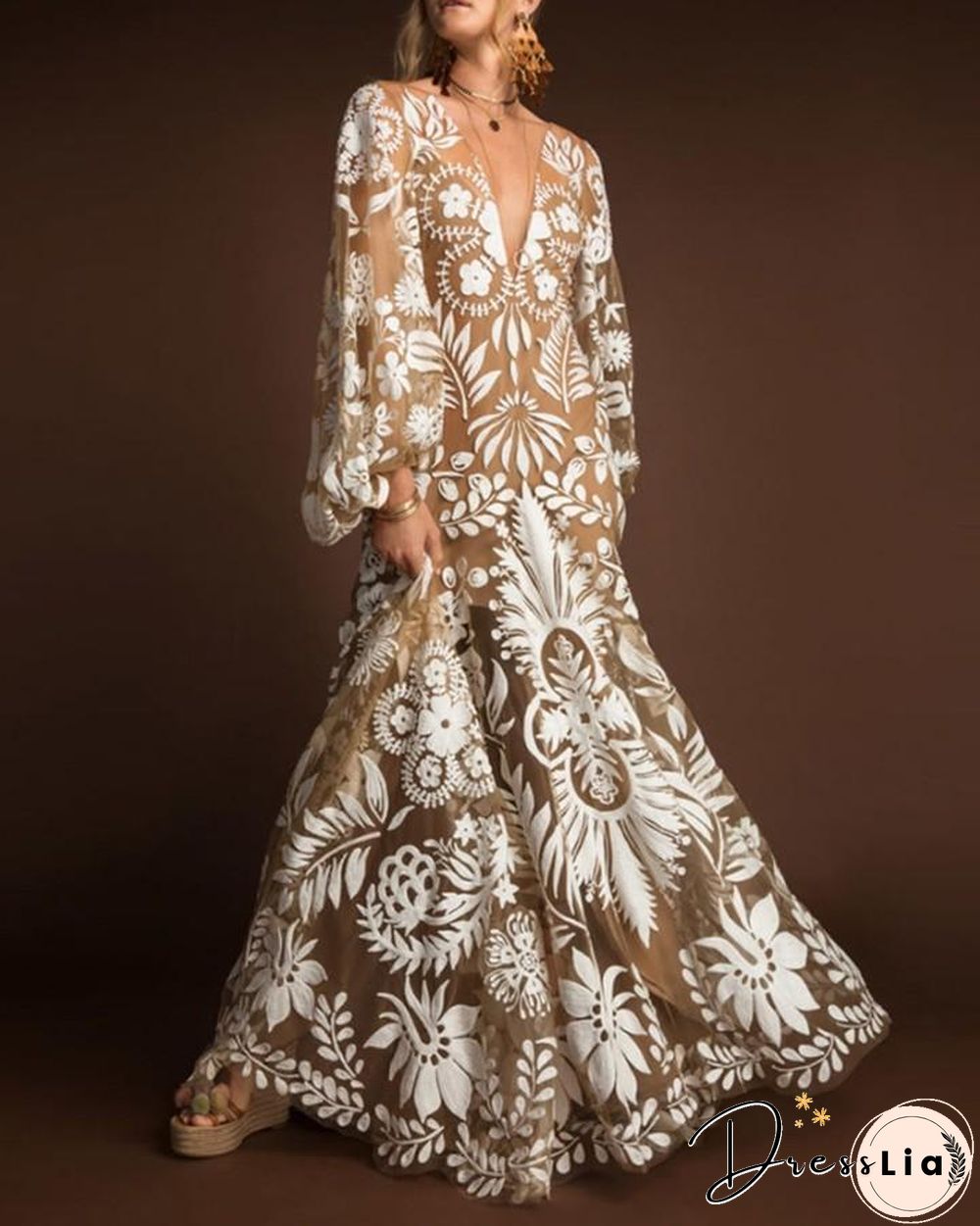 Lace Floral Embroidery Backless Loose Puff Sleeve Maxi Dress P12971