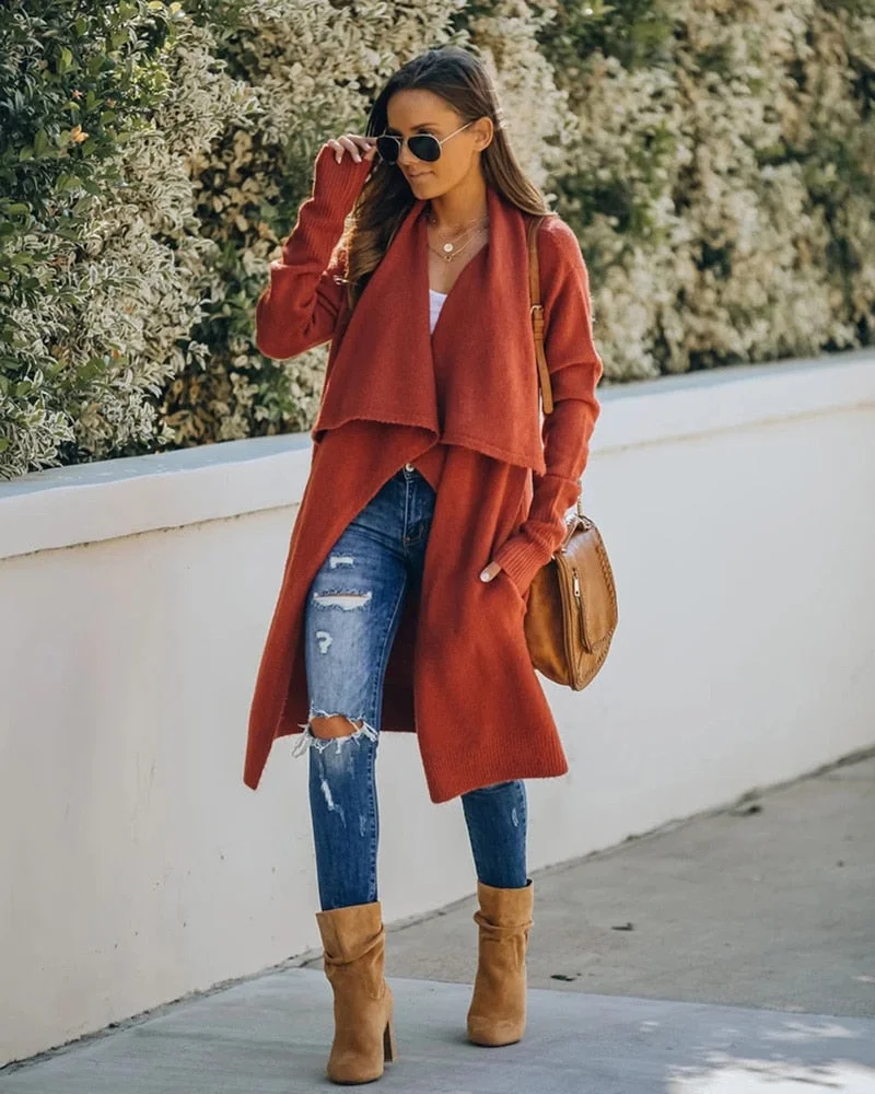 Fitshinling Bohemian Long Sweater Cardigan Women Knitwear Turn-Down Collar Winter Coat Female Holiday Oversized Cardigans Sale