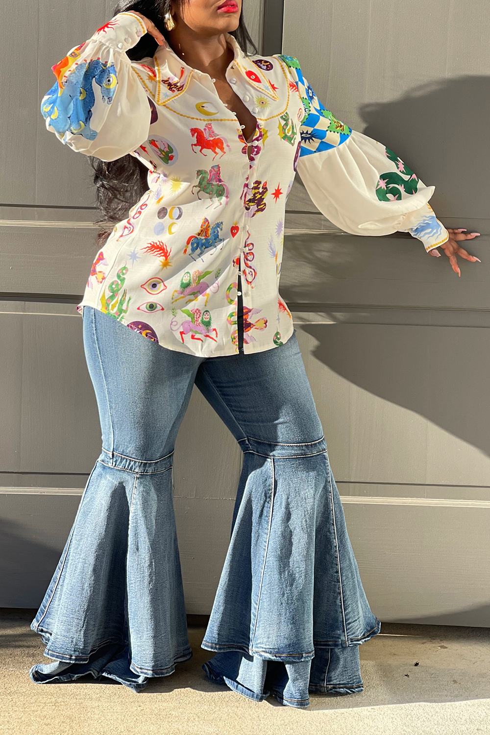 Plus Size African Casual Blouse Beige Pattern Print Balloon Sleeves Pointed Collar Blouse