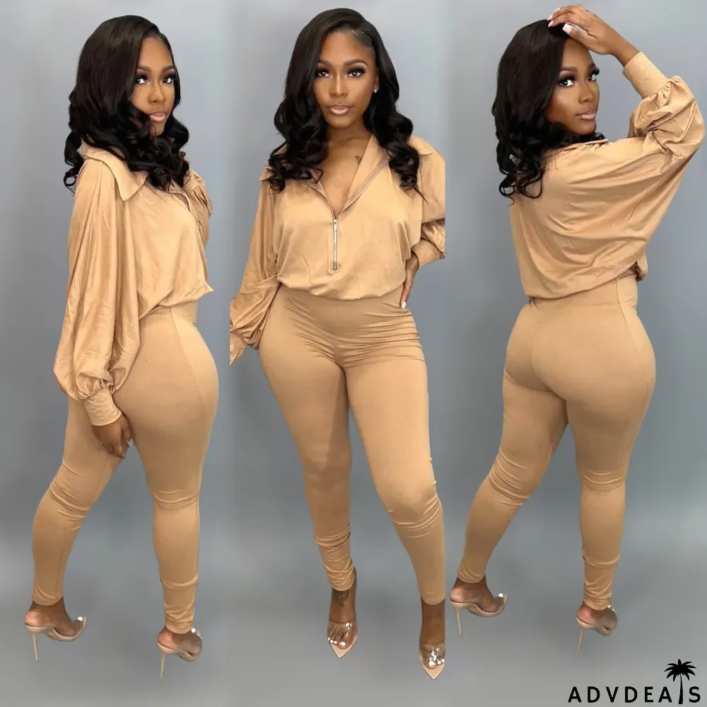 Plus Size Fashion Solid Color Zipper Jumpsuit