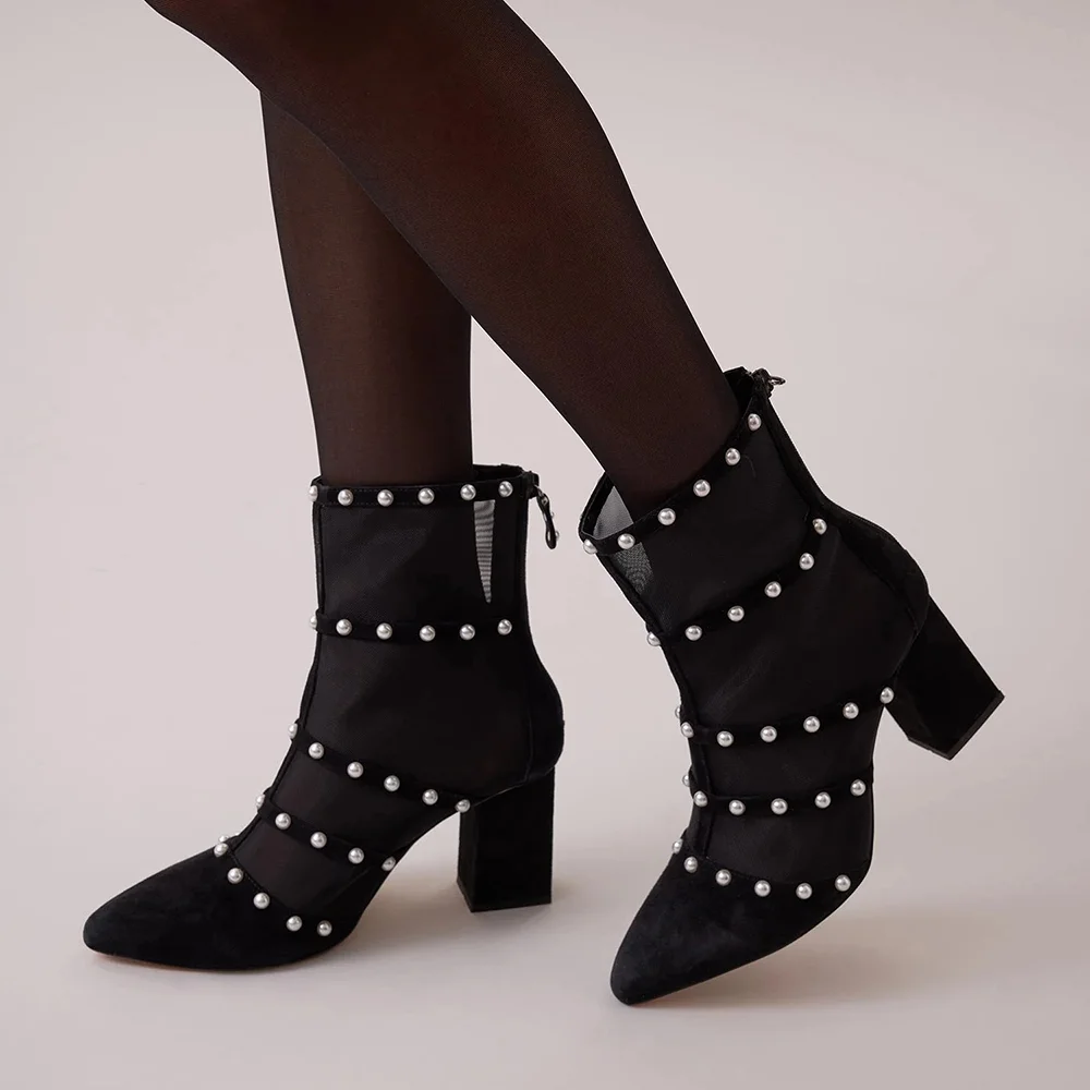 Black Suede Closed Pointed Toe Pearls Decorated Winter Ankle Boots With Chunky Heels Nicepairs