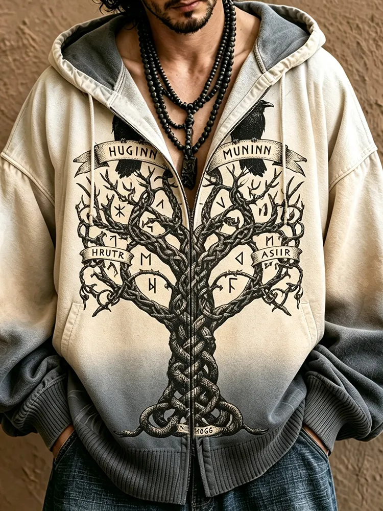 Men's Gradient Gray Zip-up Hoodie With Yggdrasil Tree Of Life, Runes, And Raven Print