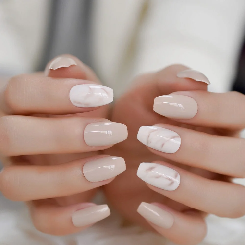 French Manicure 24 Units Faux Ongles Short Squoval Rose Mixed Milky White Press On Nail Large-Nail Inspo