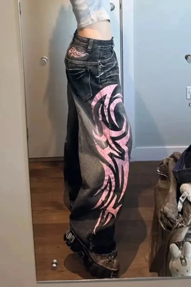 Gothic Print Wide-Leg Jeans