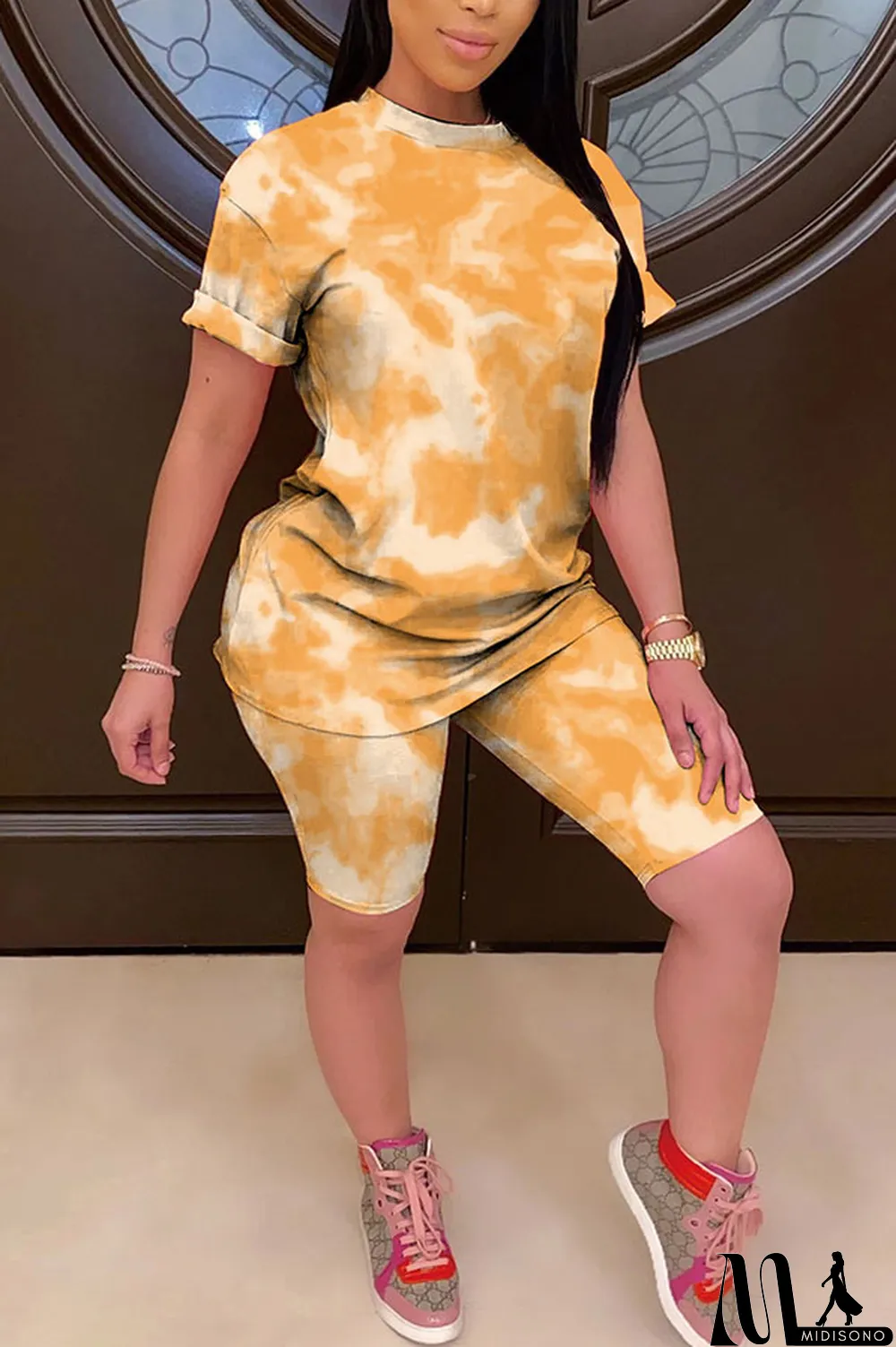 MidiSono - Light yellow Polyester Fashion Casual Print Gradient Two Piece Suits pencil Short Sleeve Two Pieces