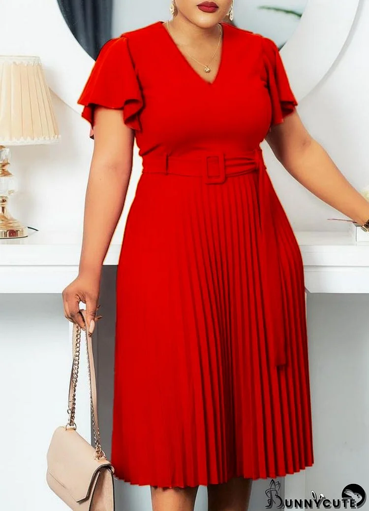 Autumn Formal Red V-Neck Pleated Office Dress with Belt