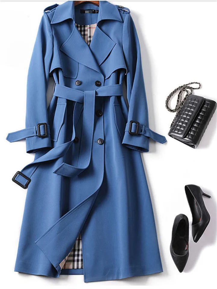 Women's Trench Coat Long Solid Color Patchwork Coat Black Blue Camel Beige Daily Fall Single Breasted Regular Fit S M L XL XXL 3XL-Cosfine