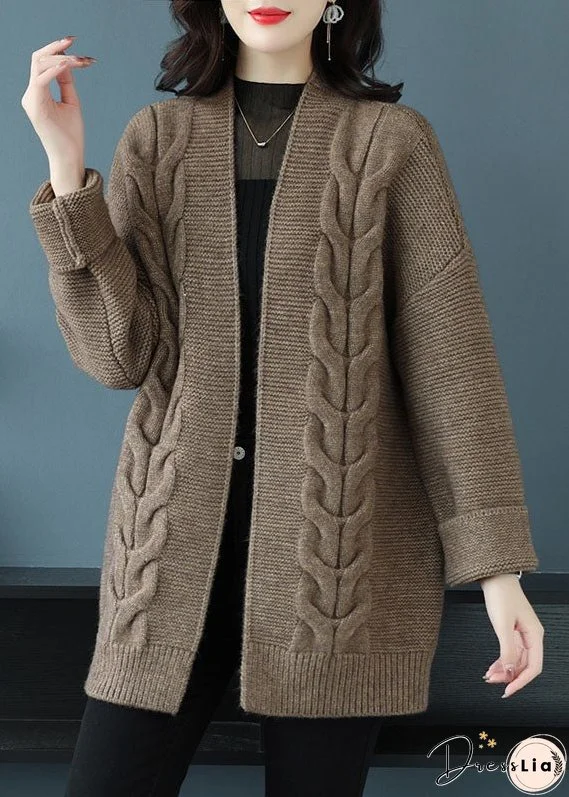 Loose Beige V Neck Patchwork Thick Wool Knit Cardigan Fall
