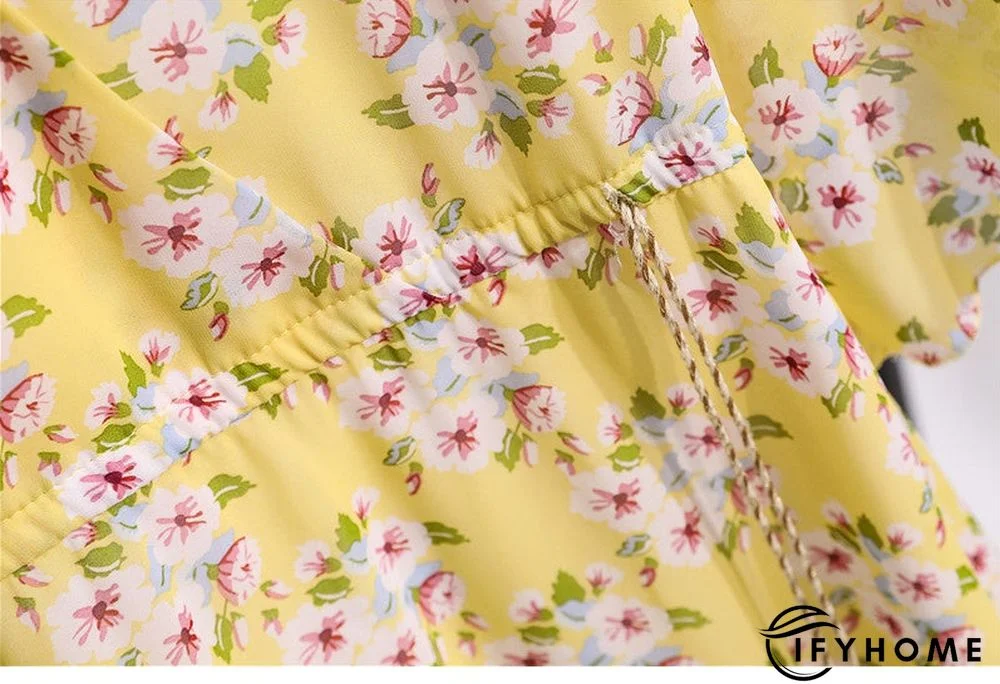 Spring Summer Chiffon Women V-Neck Floral Print Short Dresses Sweet Ruffle Sleeeve Slim Drawstring Ladies Dress | IFYHOME