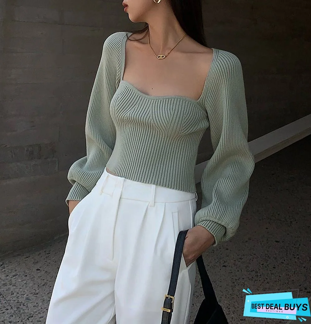 Square Neck Bubble Sleeve High Waist Sleeve Sweater
