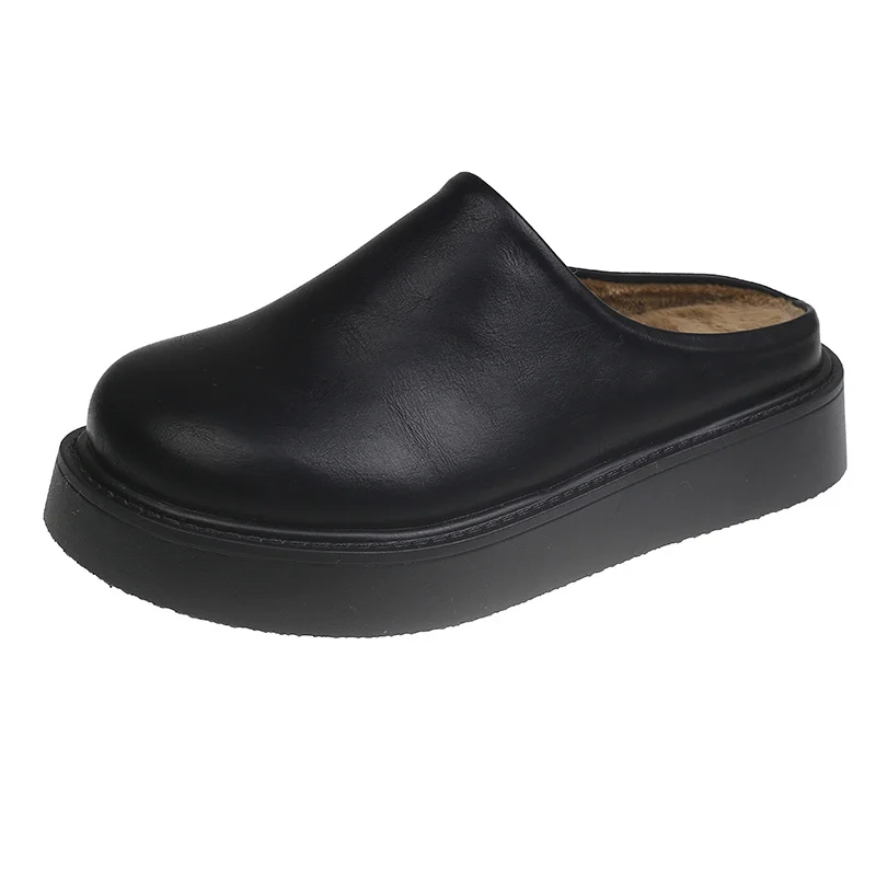 Yyvonne Thick Bottom Plus Velvet Bag Head Half Slippers Women 2025 Autumn And Winter New Fashion One-Legged Lazy Bunken Shoes