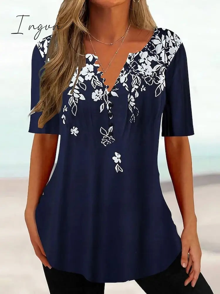 Ingvn - Women’s T Shirt Tee Black White Navy Blue Floral Button Print Short Sleeve Holiday