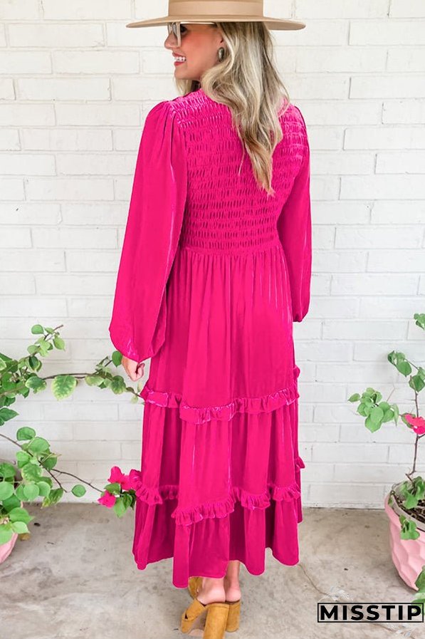 Shirred V Neck Long Sleeve Velvet Dress