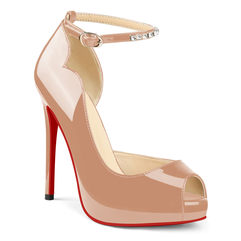 120mm Red Bottom Elastic Strap Slingback Sandals Peep Toe Platform Stilettos Black Patent Heels-MERUMOTE