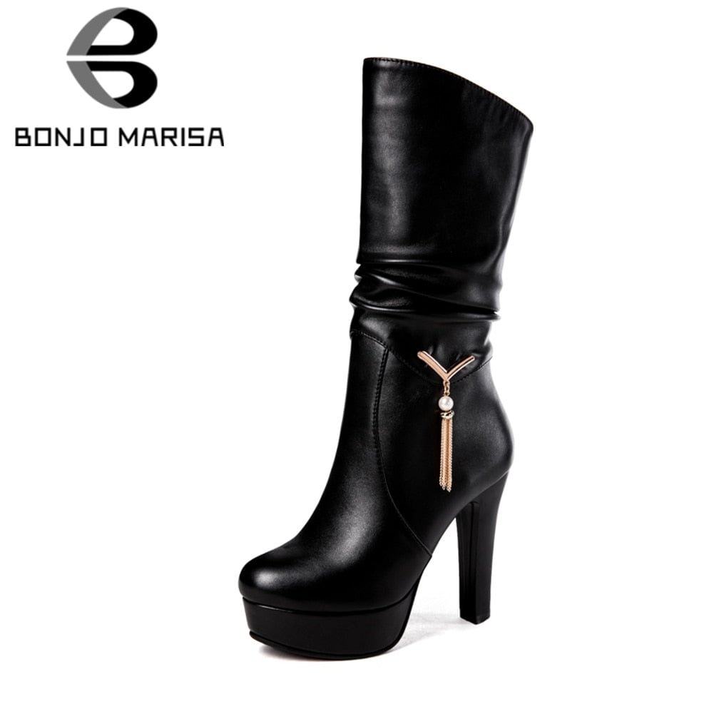 BONJOMARISA Big Size 34-43 Elegant Black Pleated mid-calf Boots Women 2020 Platform Boots Ladies slip-on High Heels Shoes Woman