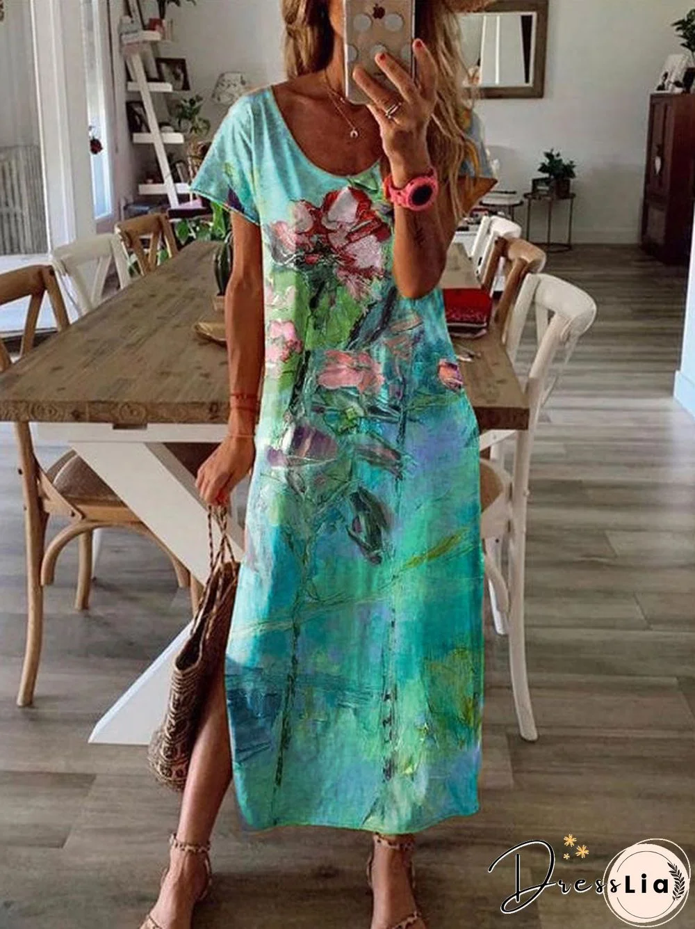 Casual Art Oil Painting Floral Round Neck Short Sleeve Hem Slit Long Dress