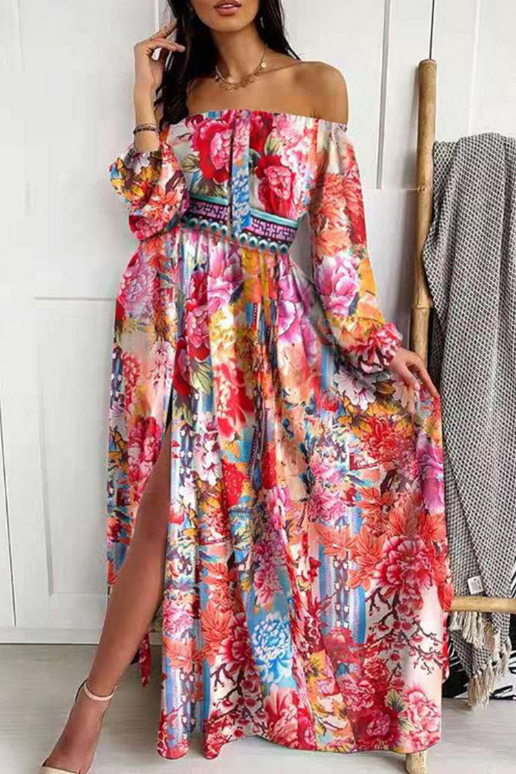 Fashion Print Off The Shoulder Waist Skirt Dresses(4 Colors) - Life is Beautiful for You - SheChoic