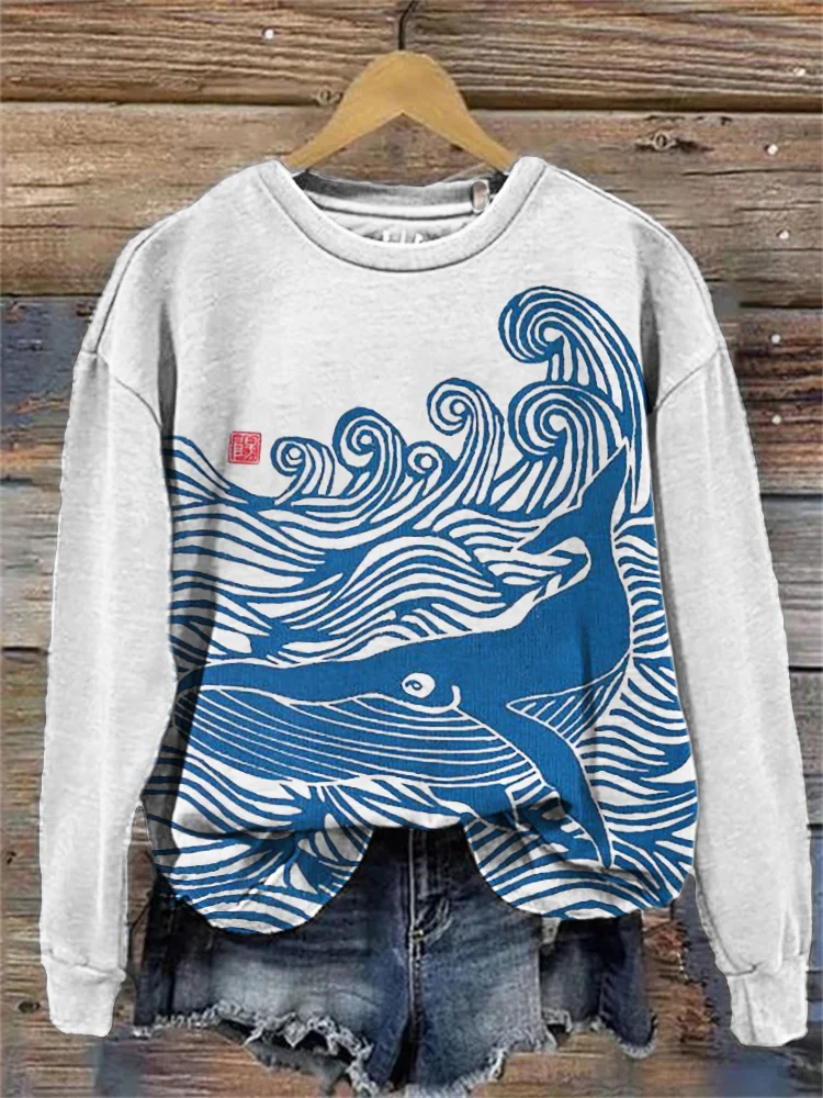 Whale & Waves Ancient Japanese Art Cozy Sweatshirt