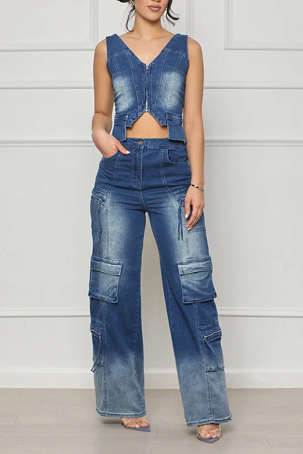 Denim Vest & Multi-Pocket Wide-Leg Pants Set