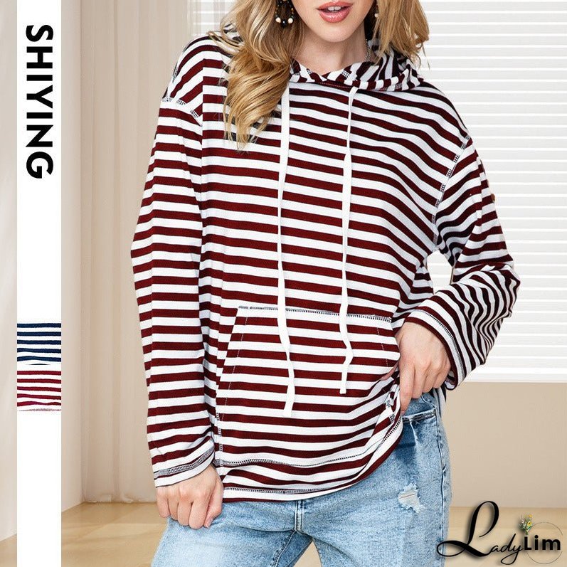 Shiying Striped Hooded Sweater, Women's Autumn Fashion, Loose-Fit Long Sleeve Top