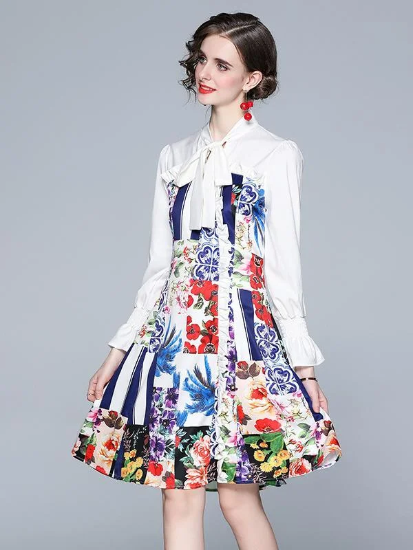 Elegant print long-sleeved temperament stitching dress