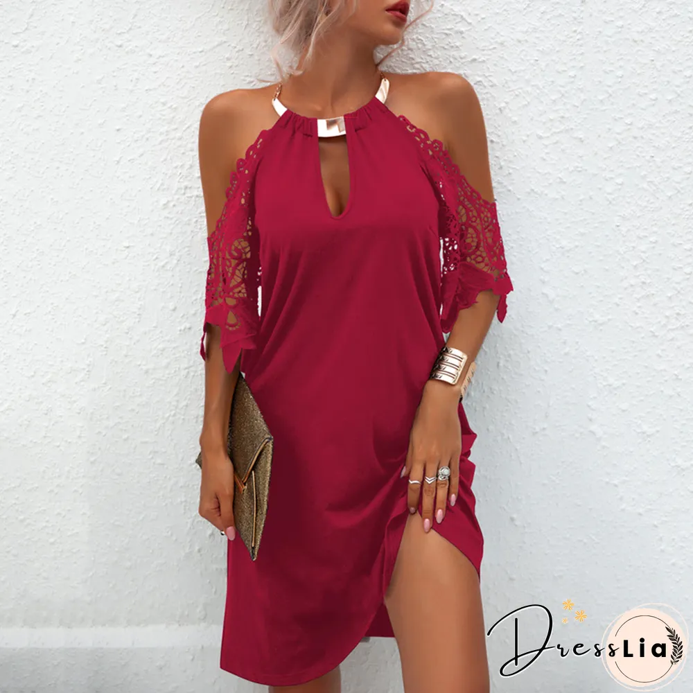 Women's Fashion Sexy Dress Evening Party Mini Dress Strapless Dresses Up Short Sleeve Lace Dew Shoulder Halter Neck Solid Color