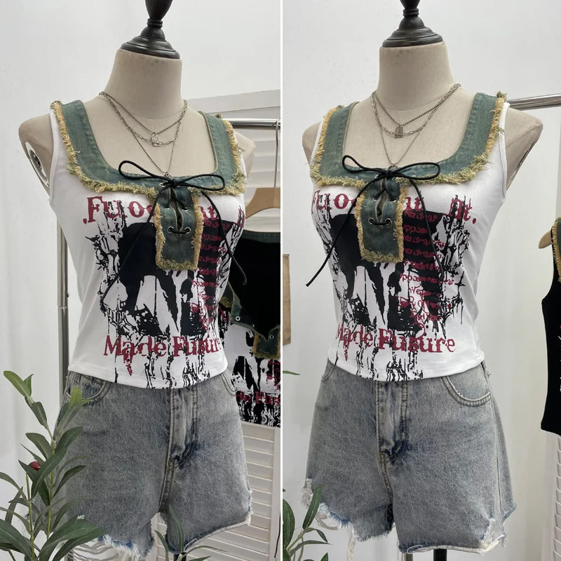 Nigikala Nigikala Shooting Hottie Hairy Denim Spliced Printed Vest With Bows Short Sleeveless Top 8926