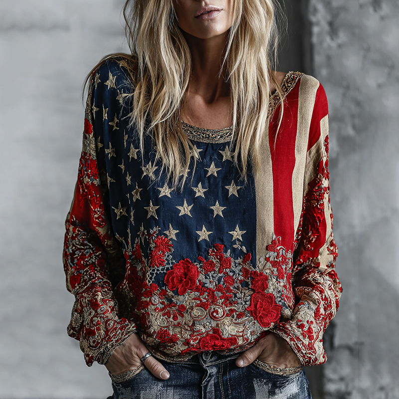  Women's Vintage Rose Flag Patchwork Art Linen Blend Casual  Tops Westsshops