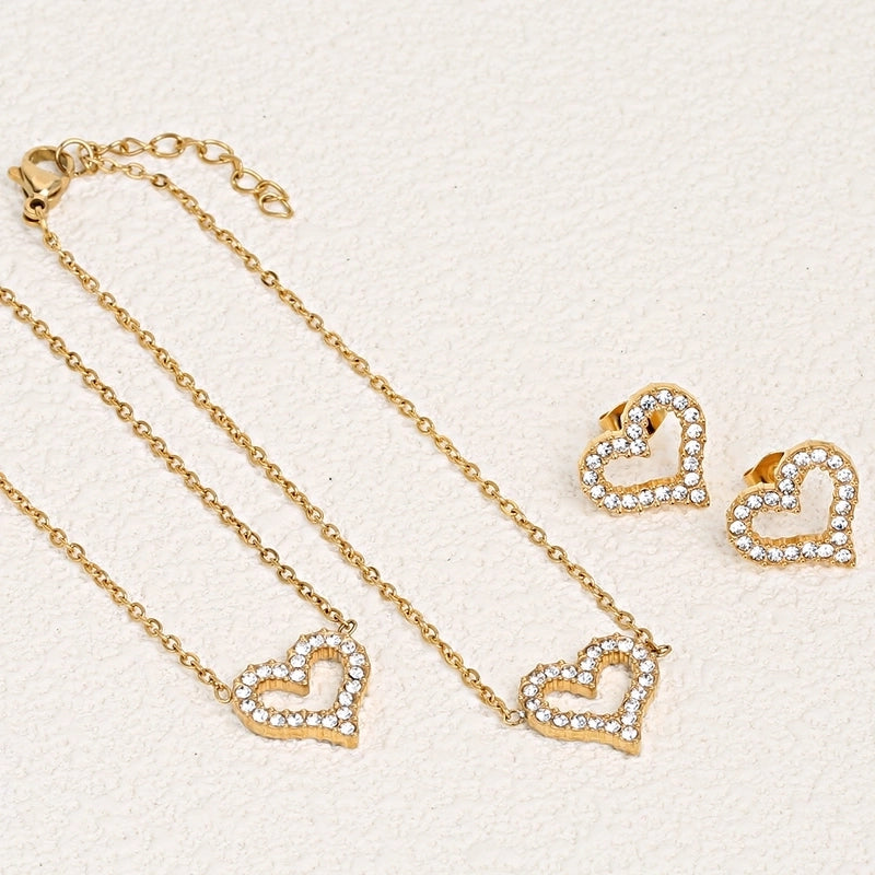 Luxurious Shiny Korean Style Circle Heart Shape 304 Stainless Steel Rhinestones 18K Gold Plated Polishing Plating Inlay Jewelry Set