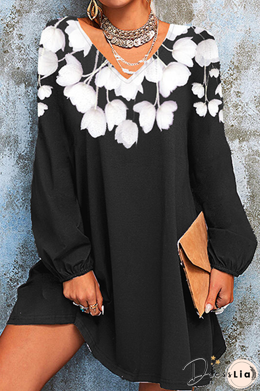 Casual Floral Split Joint  Contrast V Neck A Line Dresses