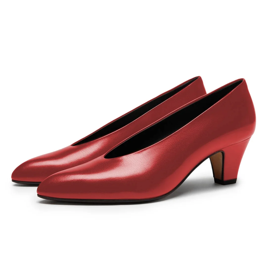 Vegan Leather Low Chunky Heel Pointed Toe Red Pumps for Women