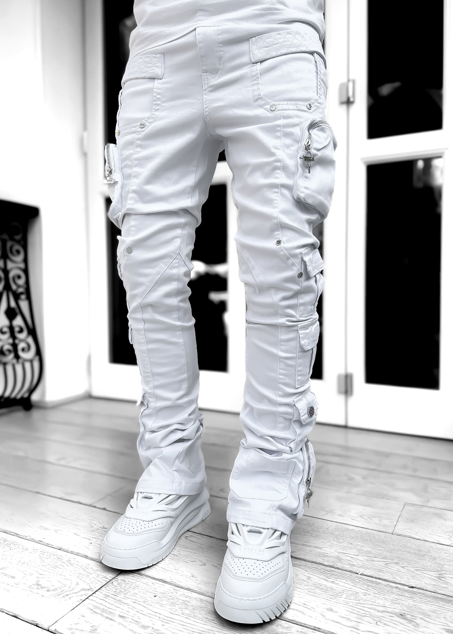 ghost white stacked cargo pants