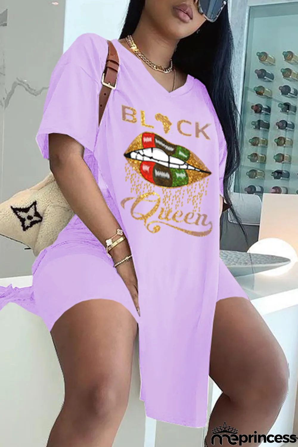 Rose Red Fashion Casual Letter Lips Printed Slit V Neck Two Pieces