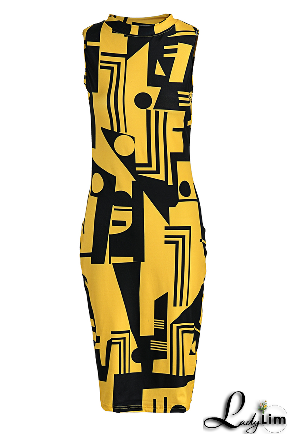 Yellow Casual Print Split Joint Half A Turtleneck Pencil Skirt Dresses