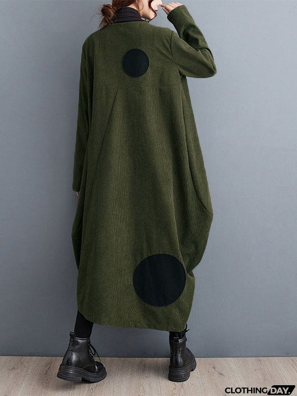 Long Sleeves Loose Asymmetric Pleated Polka-Dot Split-Joint Zipper High-neck Midi Dresses Outerwear