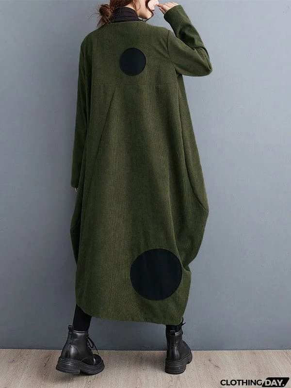 Long Sleeves Loose Asymmetric Pleated Polka-Dot Split-Joint Zipper High-neck Midi Dresses Outerwear