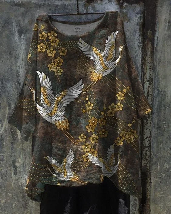 Japanese Art Flying Crane Cherry Blossom Linen Tunic Shirt