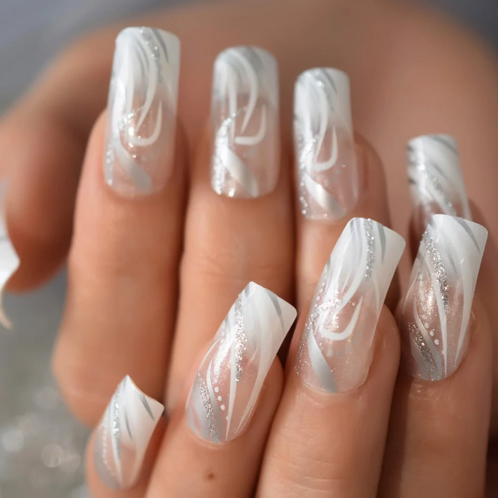 24pcs/set New Launch Fake Nails Glitter White Ombre Transparent Press On Nail Art Pattern Decorattion Curved Medium Long Nail