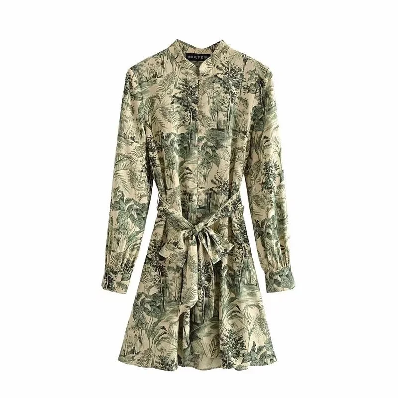 Za Women's Dresses Green Floral Printed Mini Dress Lace up Long Sleeves Bow Sweet Vestidos Mujer Party Sexy Vintage Robes Femme