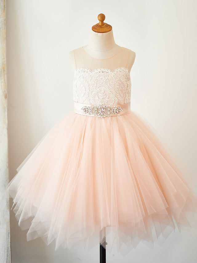 Oknass Sleeveless Jewel Neck A-Line Flower Girl Dress Lace Tulle With Lace Sash  Ribbon
