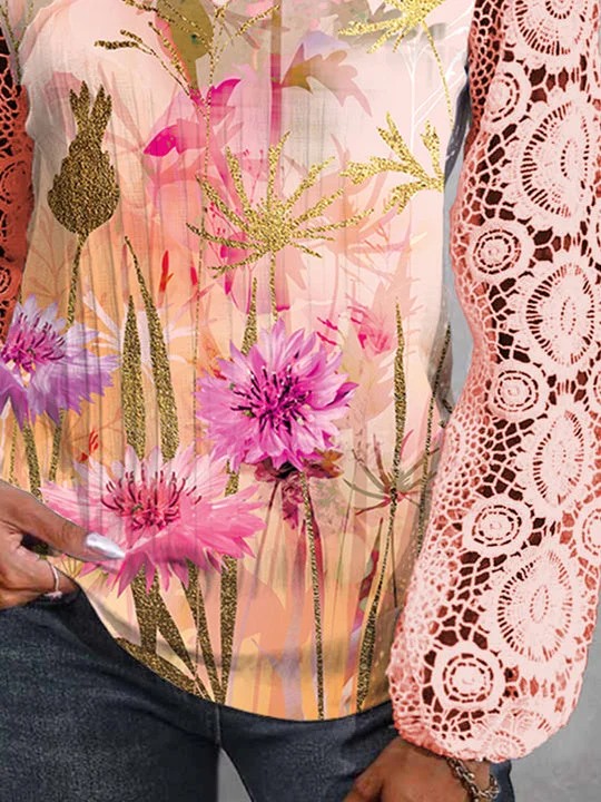 Women Long Sleeve V-neck Floral Printed Graphic Lace Tops