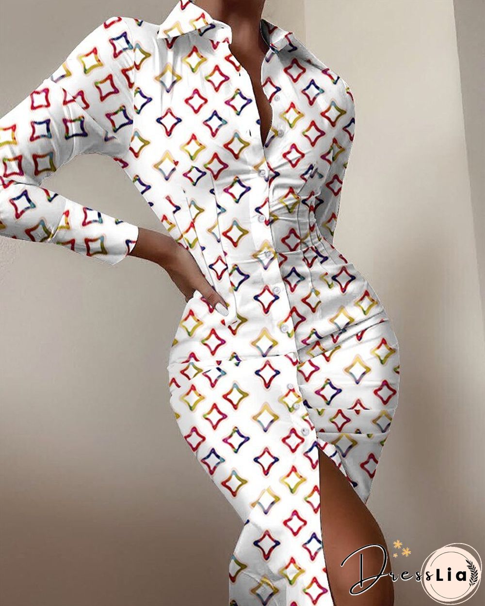 Sexy floral print dress women autumn long sleeve v-neck high waist bandage button slim