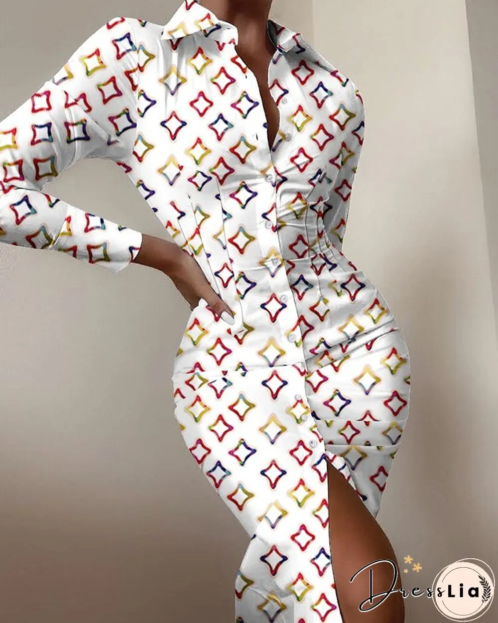 Sexy floral print dress women autumn long sleeve v-neck high waist bandage button slim