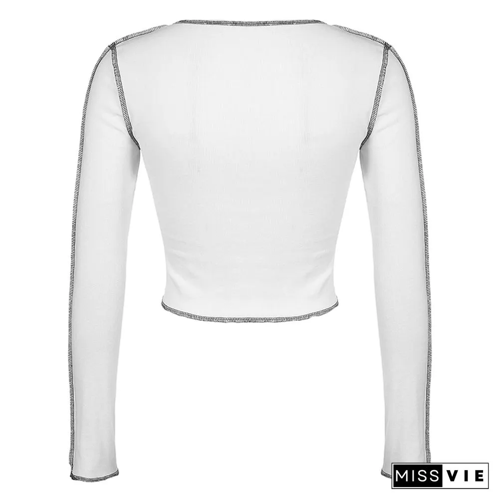 Y2K Korean Sexy Split Line Tops Tee Retro Grunge Chic Patchwork Slim Shirts Autumn Solid Long Sleeves Tshirt Woman