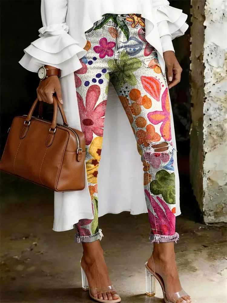 Women's Fashion Casual Multicolor Flowers Art Print Ripped Skinny Jeans