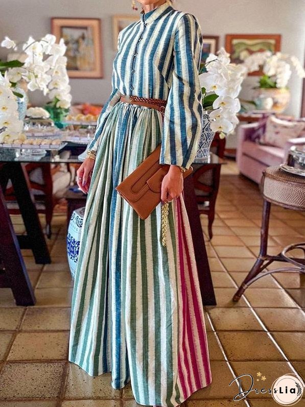 Elegant Stand-up Collar Striped Long Dress for Women