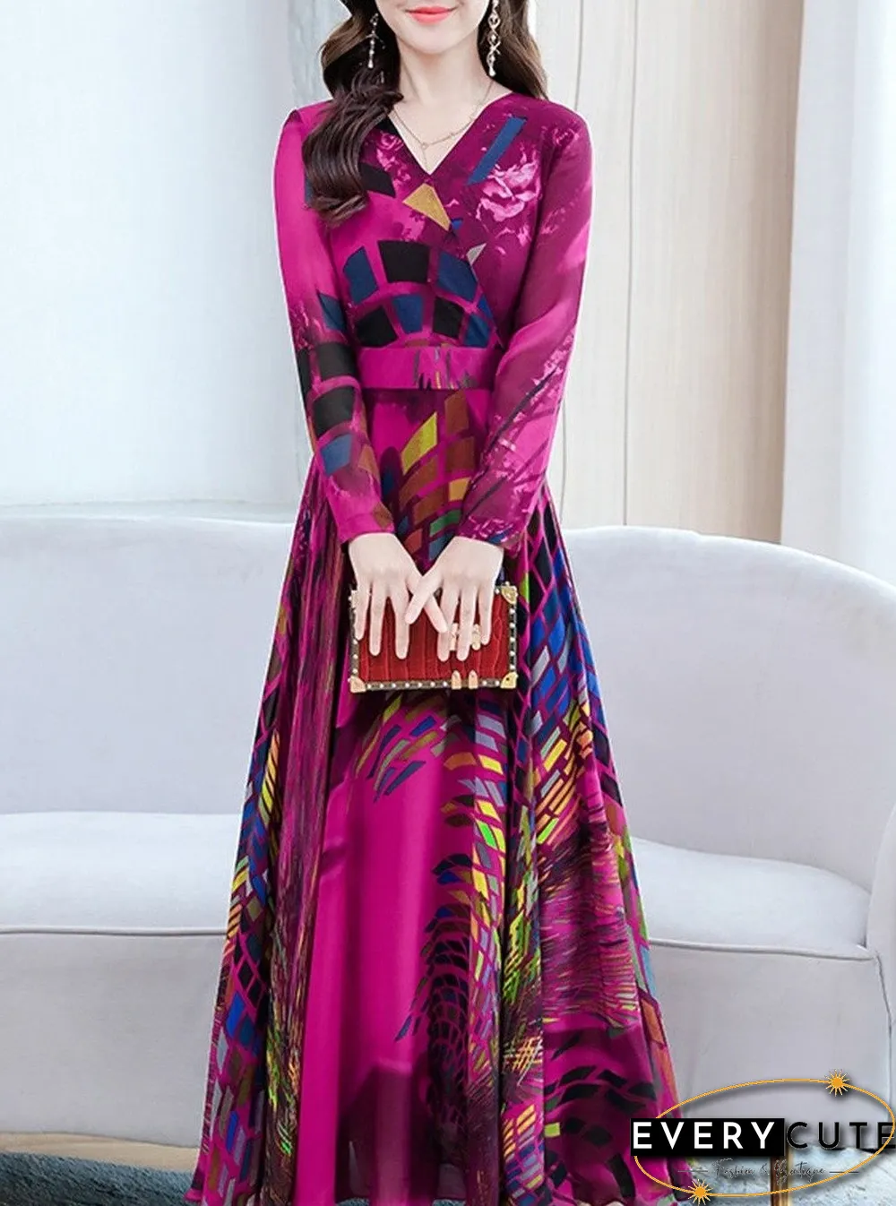 Long Sleeve Waist Printed V-Neck Maxi Dress